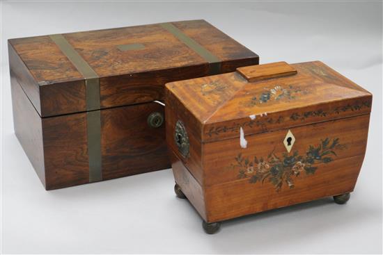 A Sheraton style painted satinwood sarcophagus tea caddy and a Victorian brass-bound rosewood jewellery box